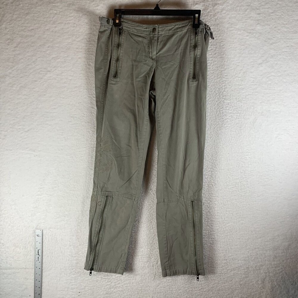 Da-Nang Pants Women's Small Olive Green Floral Embroidery Mid-Rise Straight 9700